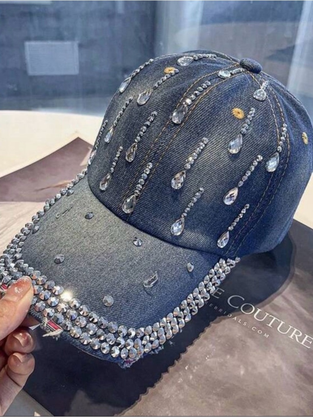 Dark Blue Denim Crystal Teardrop Embellished Baseball Cap - Blue